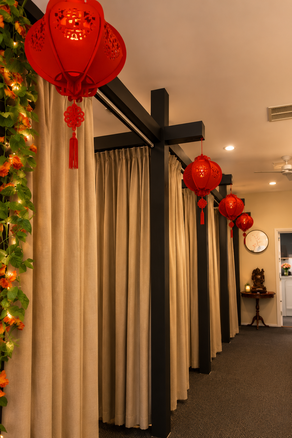 Spa hallway decorated with red Chinese lanterns and flowing curtains