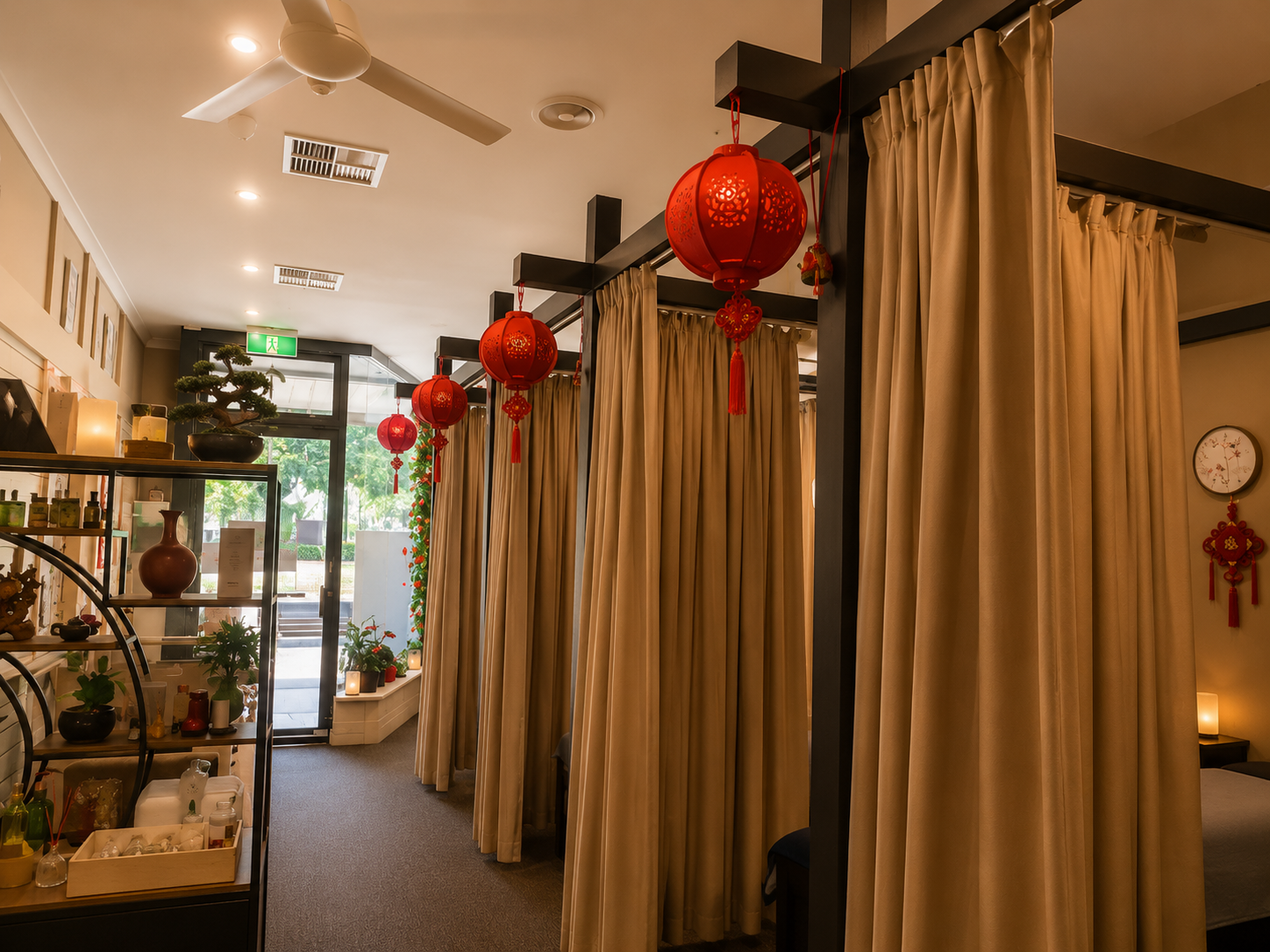 Yarragon Massage interior with traditional red lanterns and treatment booths