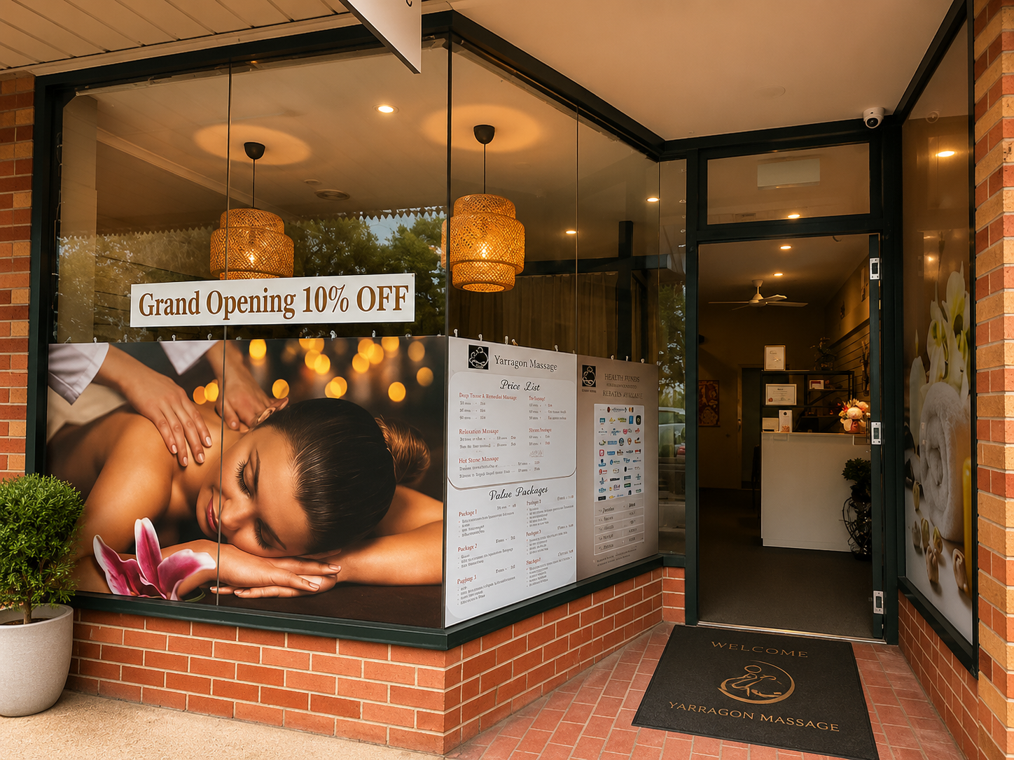 Yarragon Massage welcoming storefront with Grand Opening sign