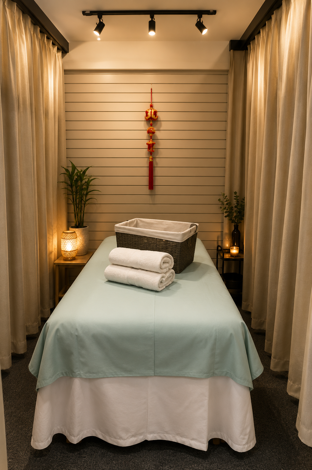Serene treatment room with massage bed, candles and plants
